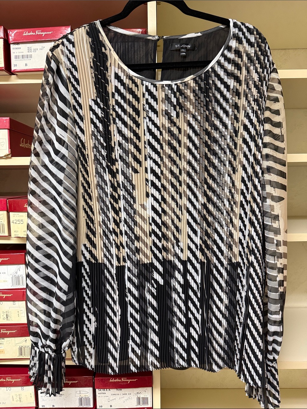 St. John Black, White, and Cream Striped Pleated Long-Sleeve Blouse